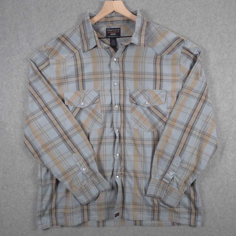 Smiths Workwear Mens Size 2XL Blue Tan Plaid Pearl Snap Cowboy Rancher Shirt